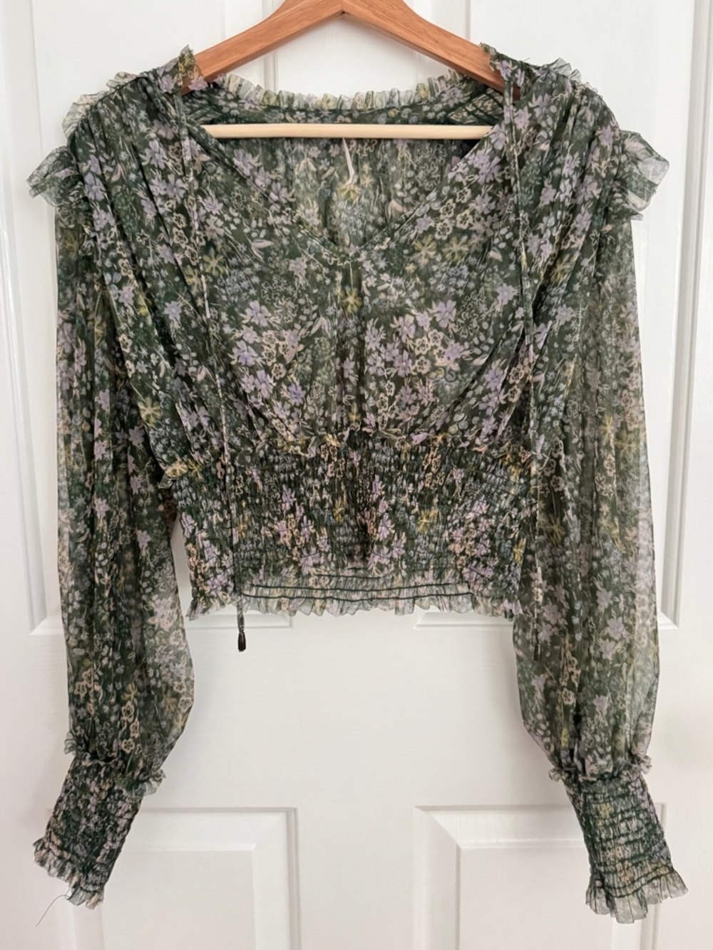 Free People Sheer Floral Smocked Waist Long Sleeve Top - Green